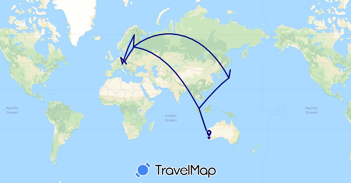 TravelMap itinerary: driving in Austria, Australia, Czech Republic, Germany, Estonia, Finland, Japan, Singapore (Asia, Europe, Oceania)